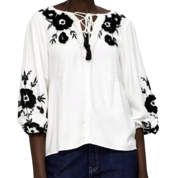 Zara Top M Contrast Embroidery Babydoll Boho Lace Front Bohemian Cottagecore - Picture 3 of 13